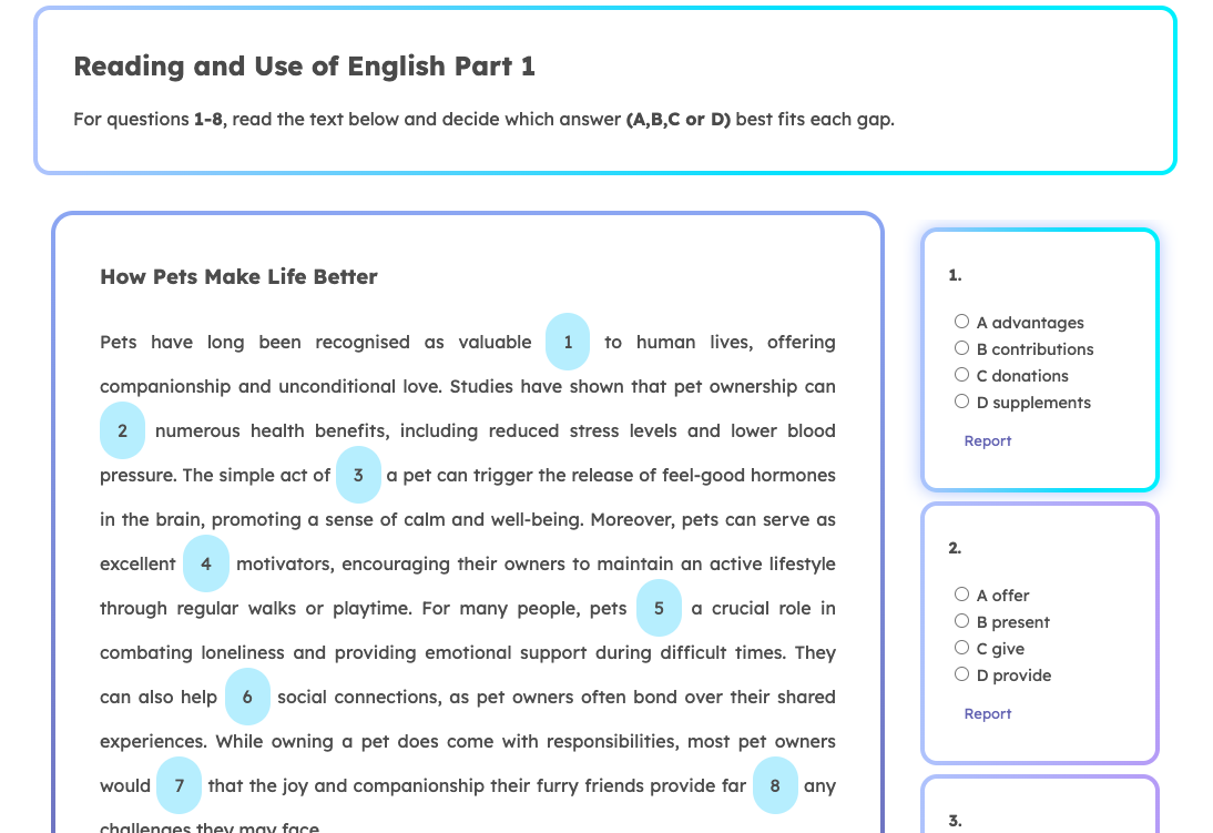 B2 First Reading and Use of English Part 1 Sample