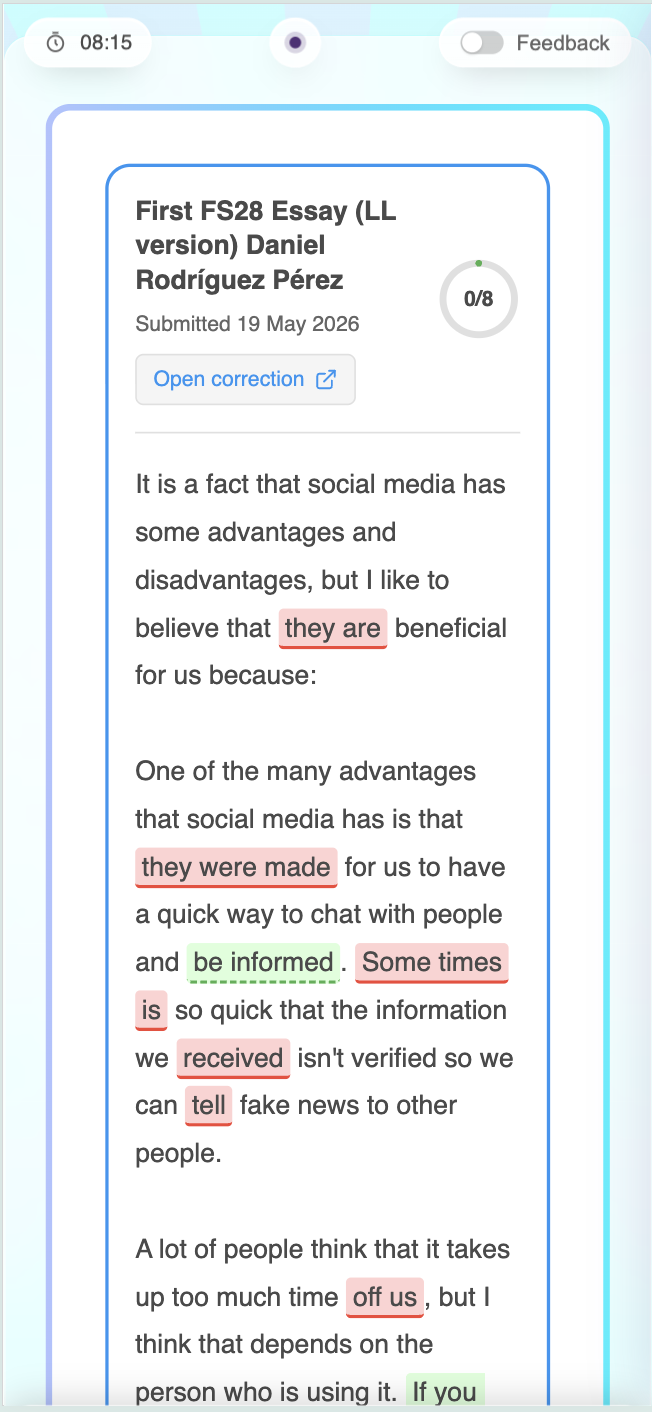 A B2 First essay marked in the student app, with mistakes highlighted in the student’s own text