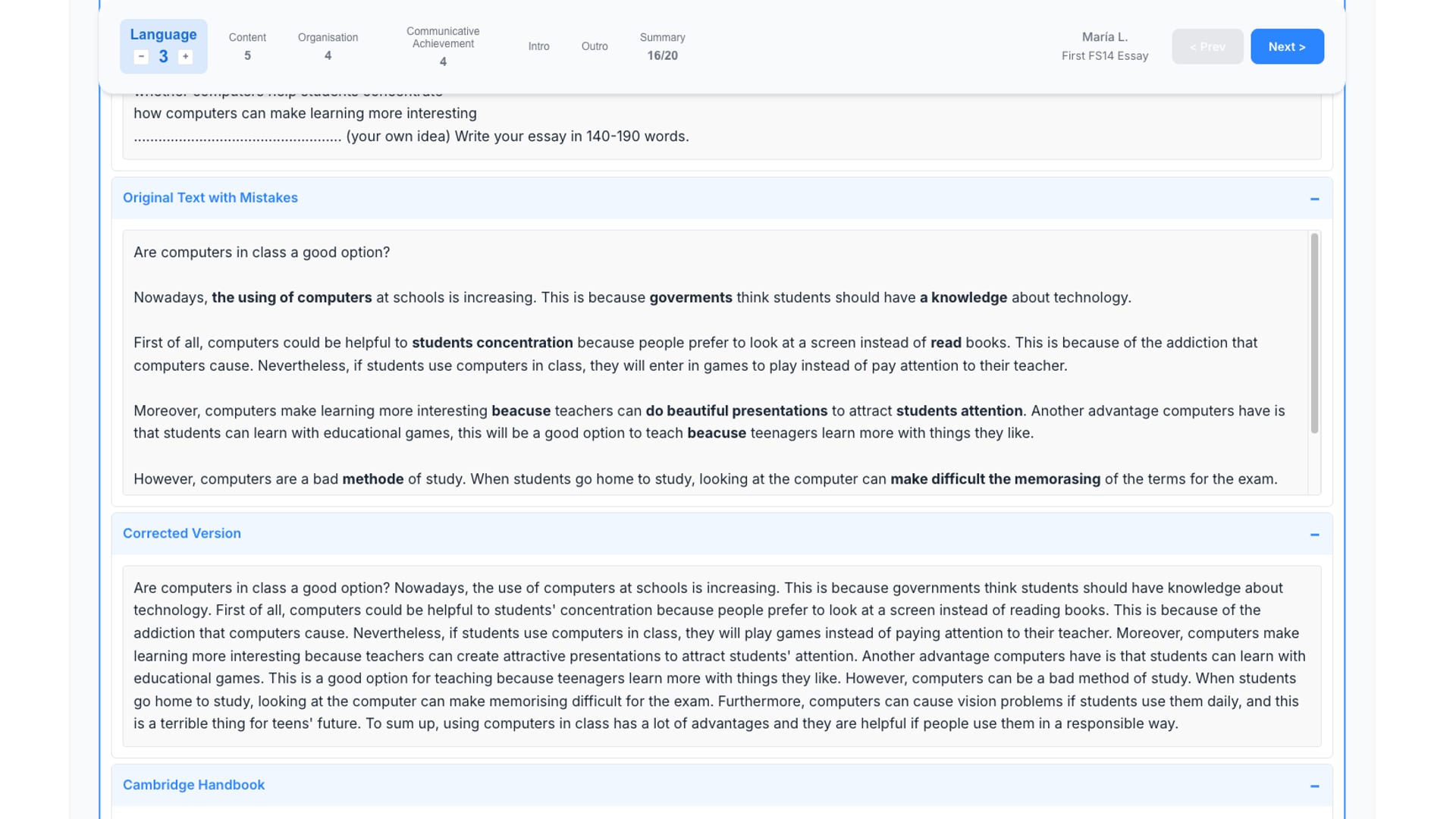 A B2 First essay marked against the four Cambridge bands — Language 3, Content 5, Organisation 4, Communicative Achievement 4 — with the original text's mistakes highlighted alongside the corrected version.